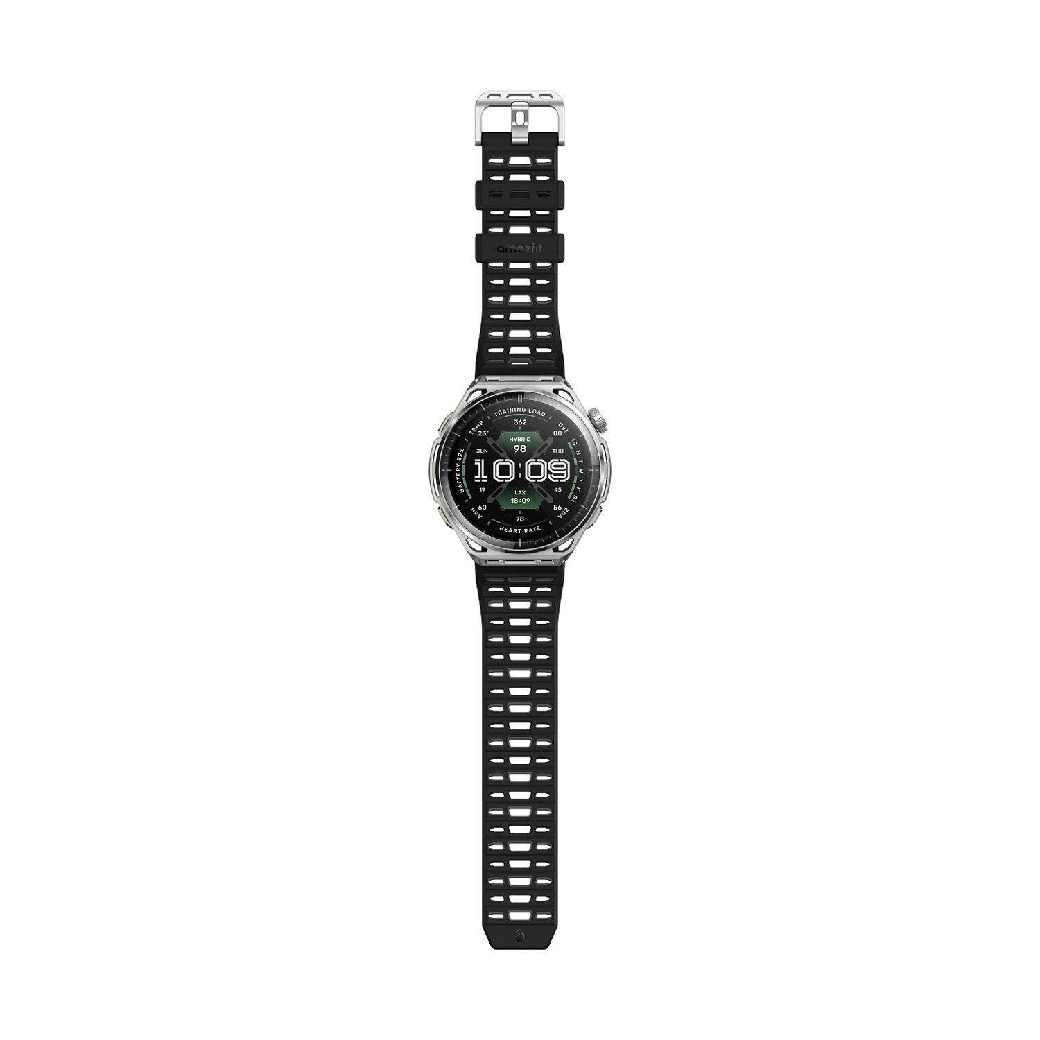Uno smartwatch argentato con cinturino nero mostra le 10:09 con statistiche.
