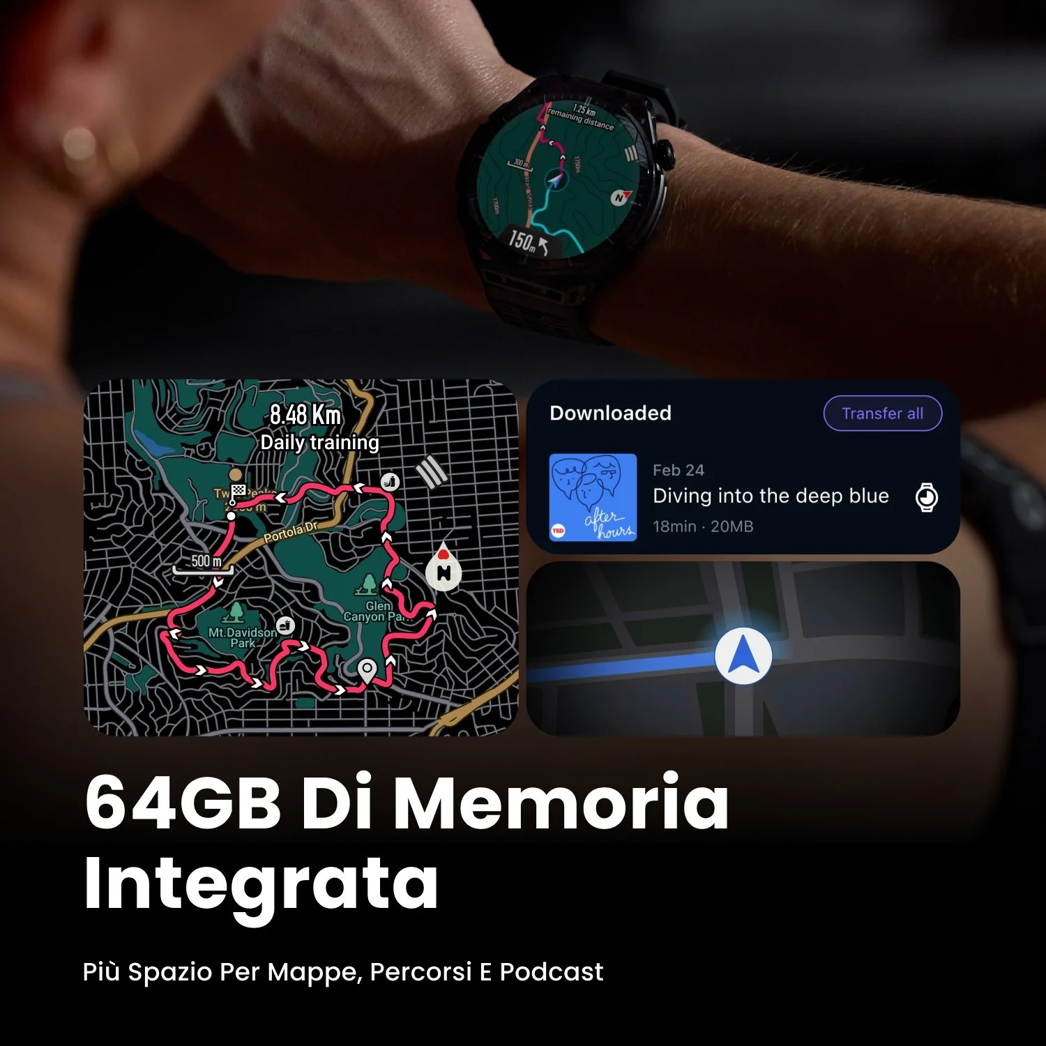 Uno smartwatch mostra una mappa con percorso di allenamento, podcast e freccia di navigazione.
