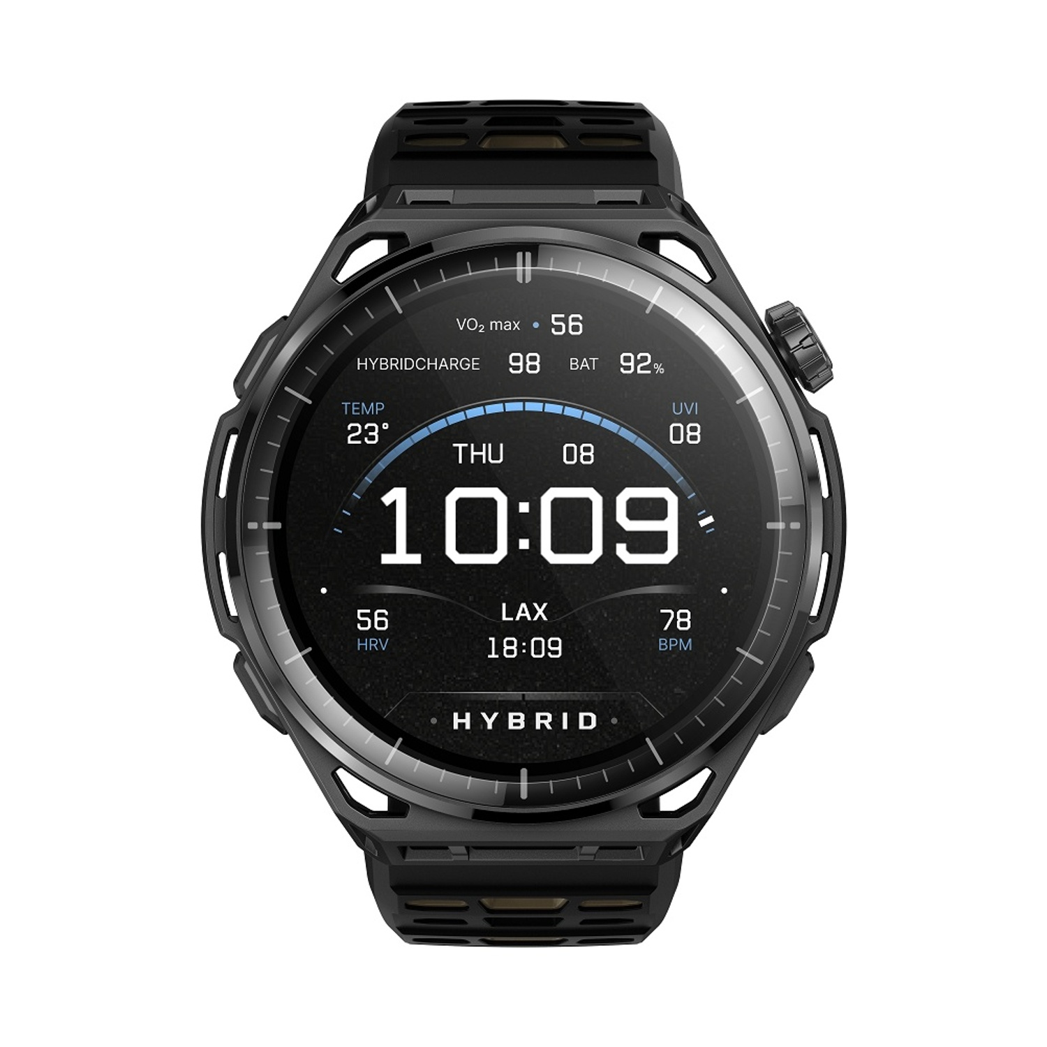 Smartwatch nero con quadrante digitale scuro che mostra le 10:09 e statistiche.