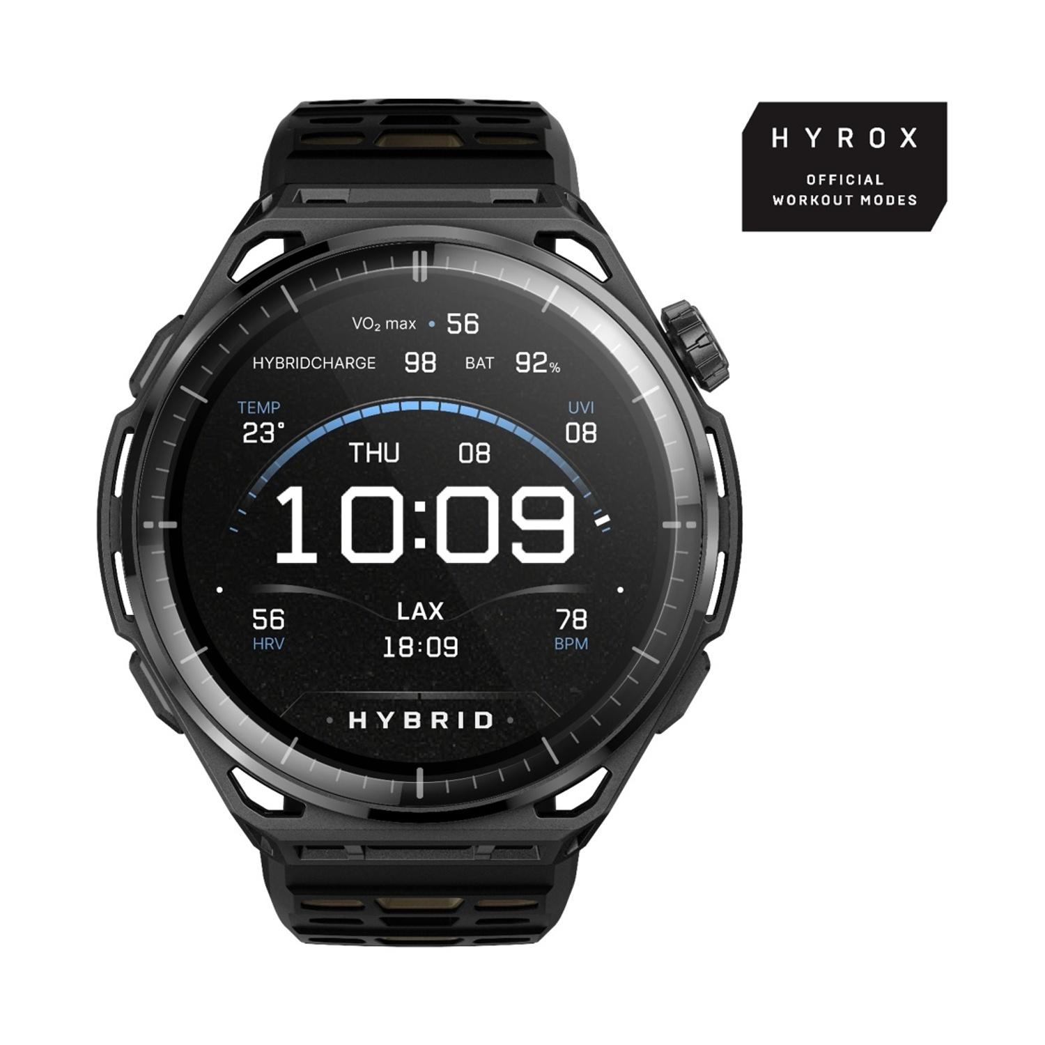 Smartwatch nero con quadrante ibrido che mostra ora, data, frequenza cardiaca, temperatura e batteria.