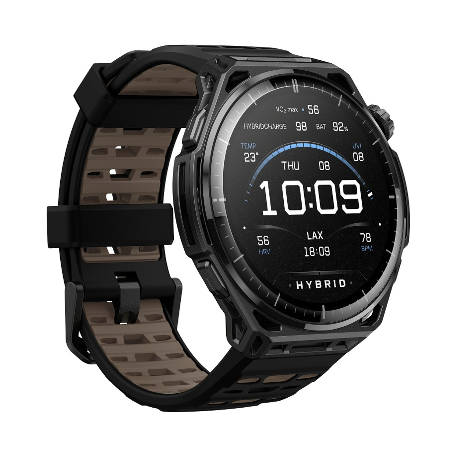 Smartwatch nero con cinturino marrone, mostra 10:09, data, temperatura, battito, batteria.