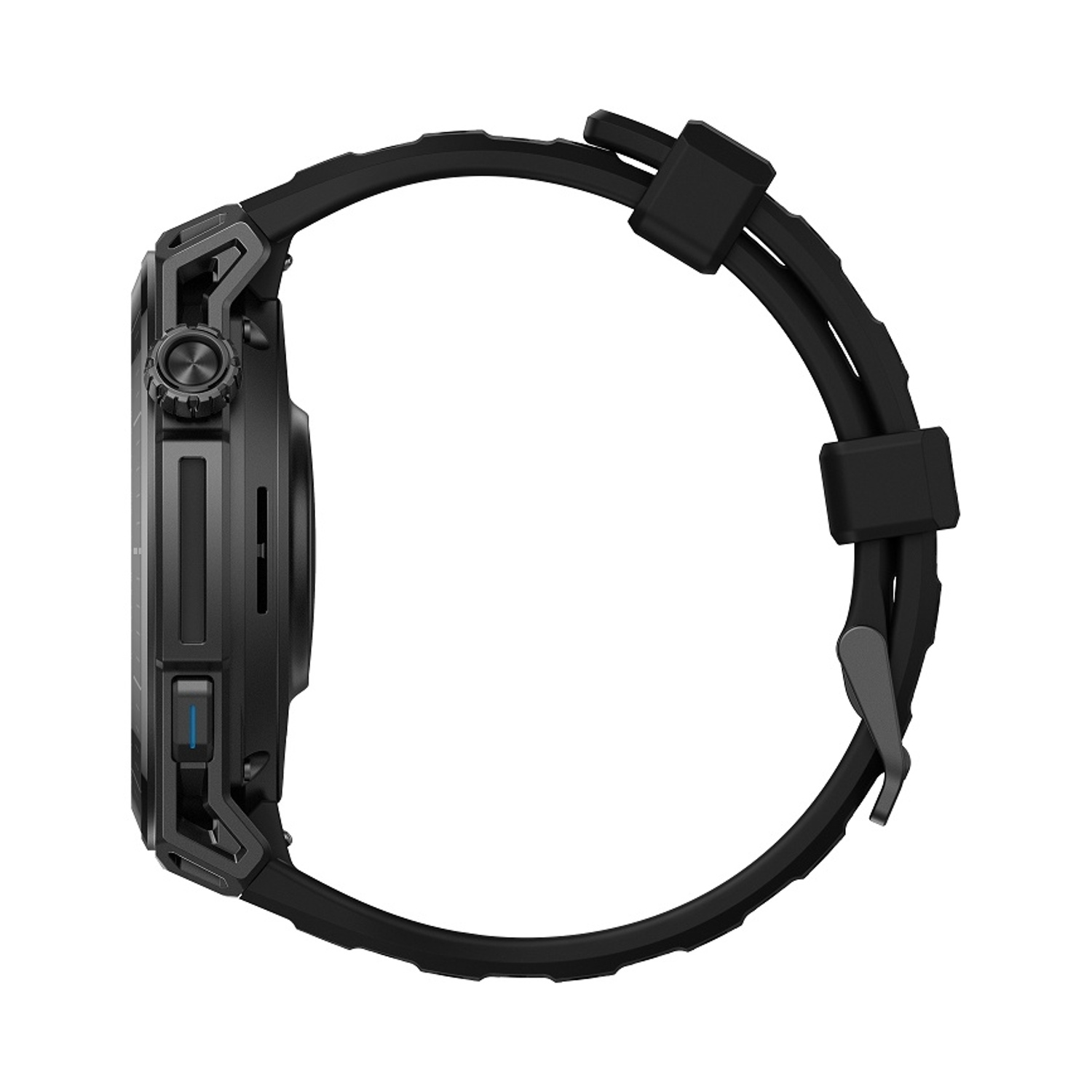 Orologio smart nero con cinturino robusto e corona girevole, vista laterale.