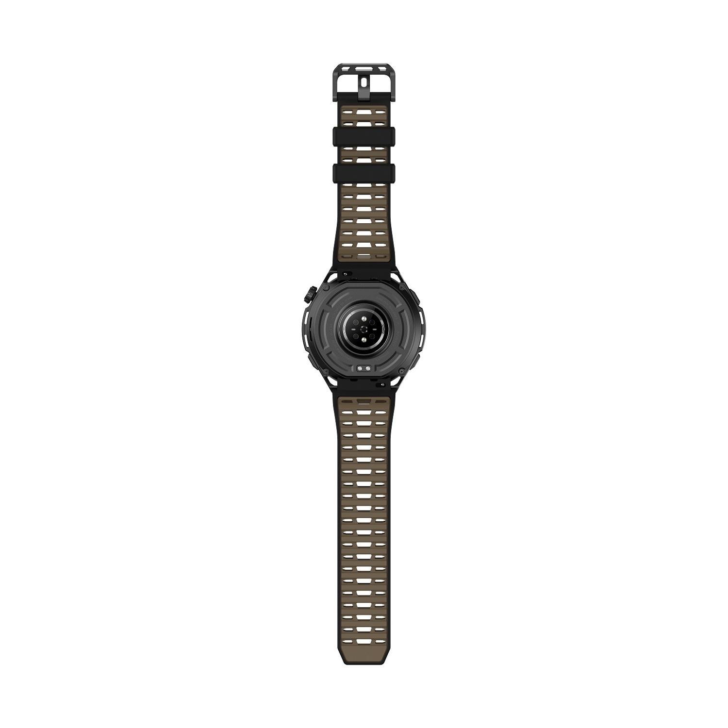 Retro di uno smartwatch con cinturino marrone e nero su sfondo bianco.