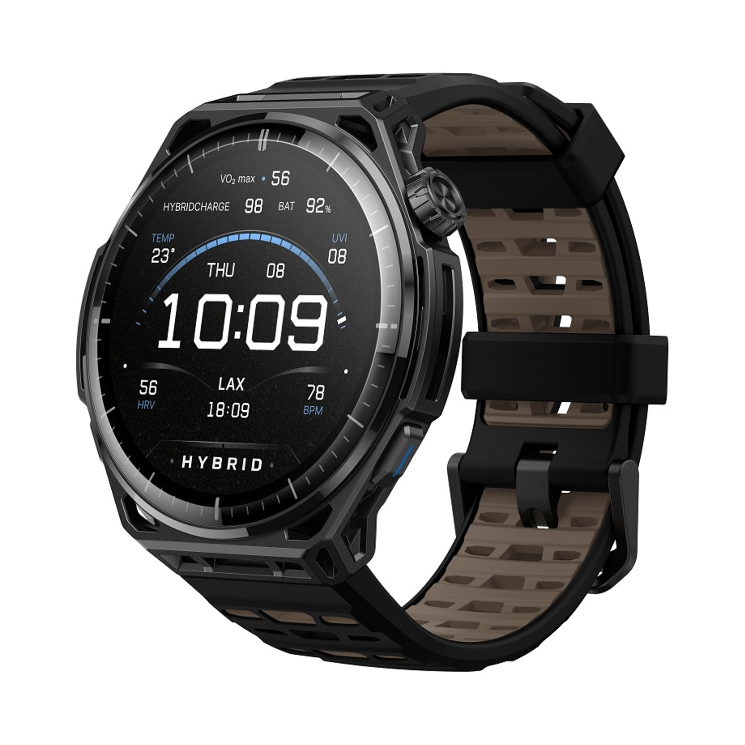 Orologio smart nero con cinturino nero, mostra ore 10:09, data, temperatura e parametri vitali.