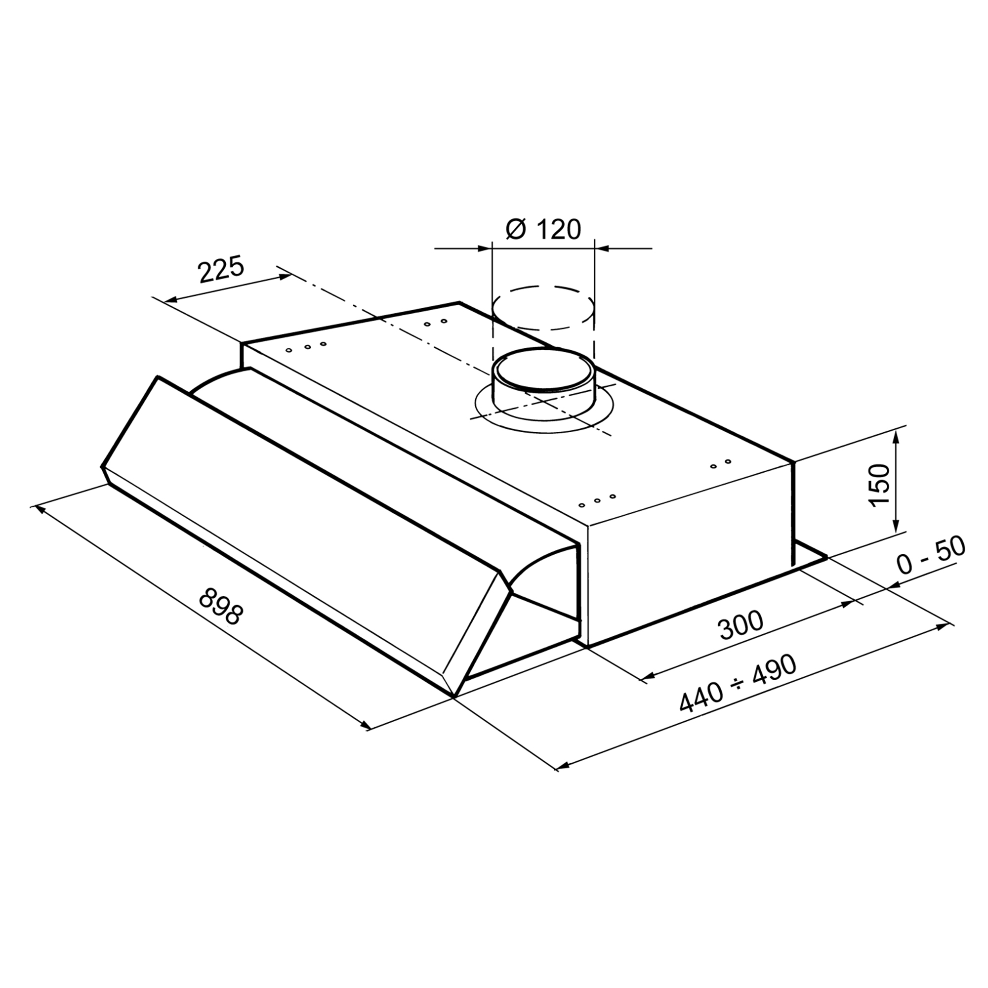 Disegno tecnico di una cappa aspirante con dimensioni.