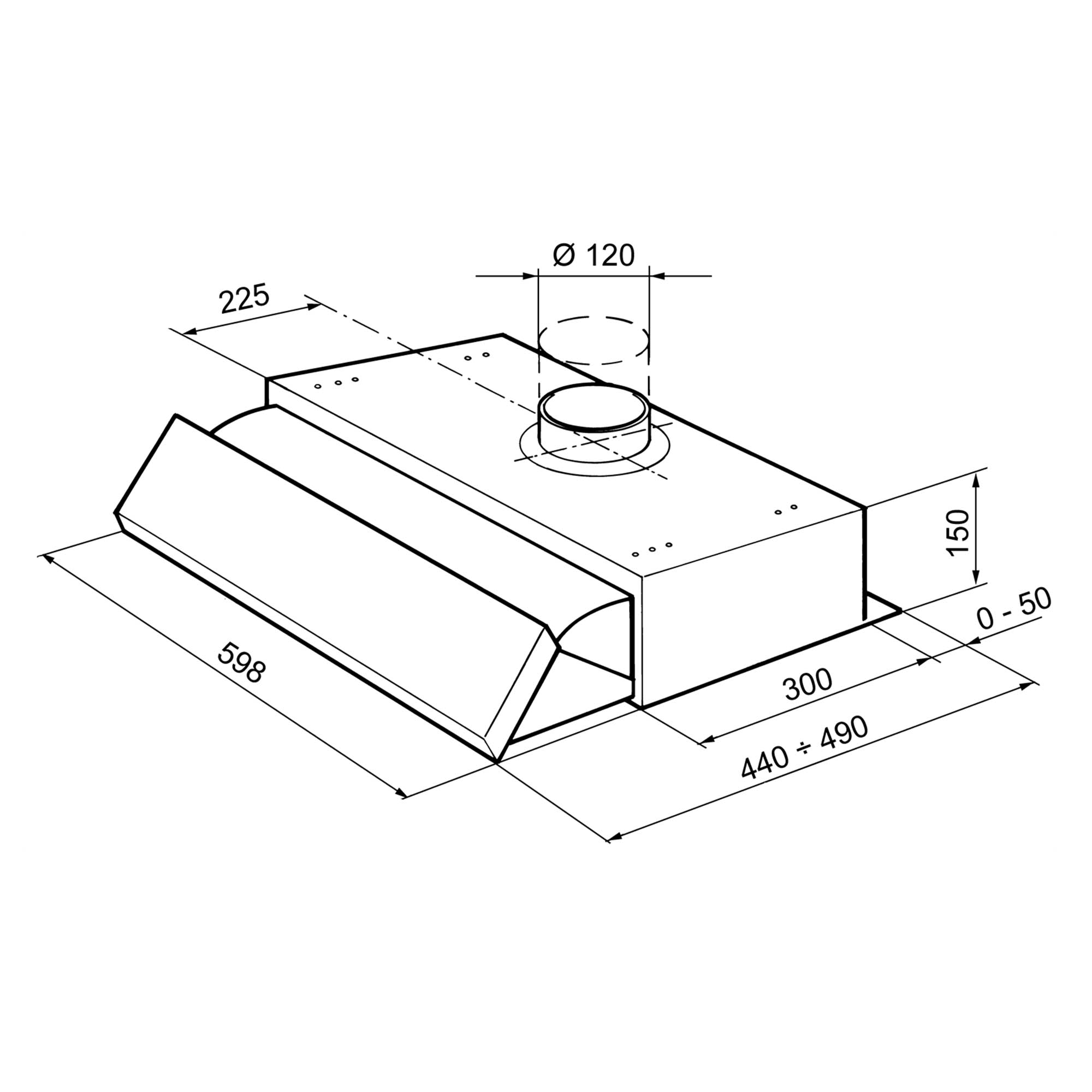 Disegno tecnico di una cappa da cucina con dimensioni. Presenta un pannello frontale inclinato.