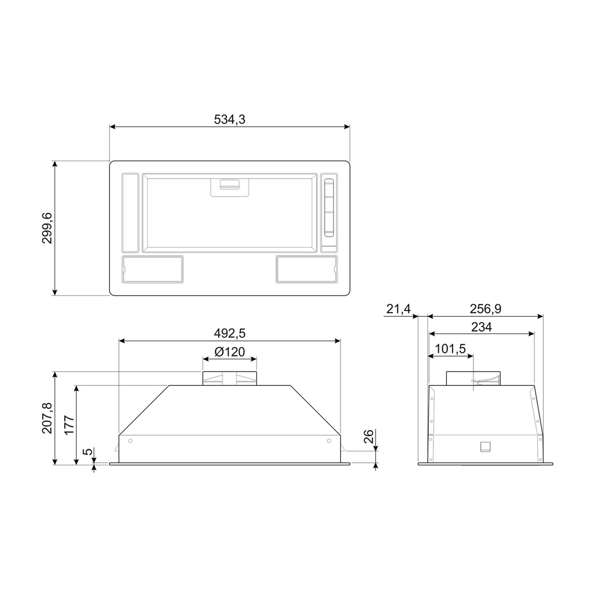 Disegno tecnico di una cappa aspirante con dimensioni.