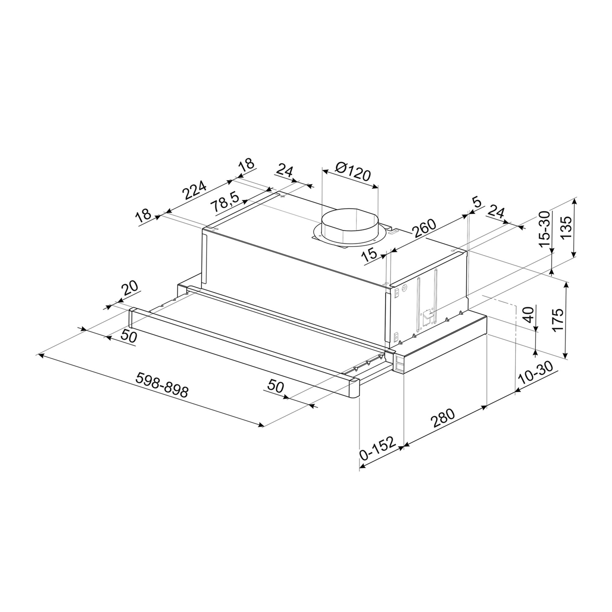 Disegno tecnico di una cappa aspirante con dimensioni ed etichette.