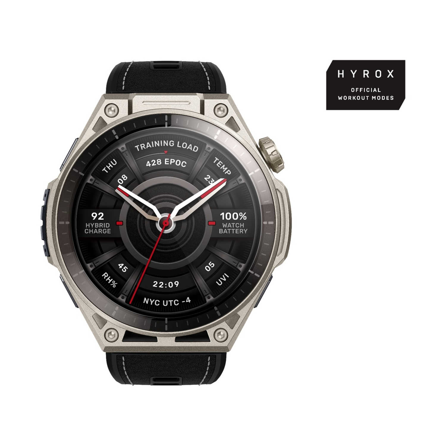 Smartwatch argento con cinturino nero, mostra carico, temp e batteria.