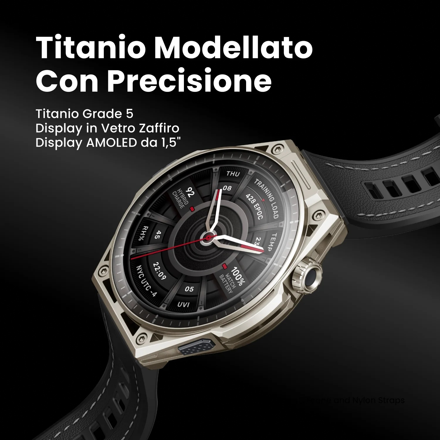 Uno smartwatch argentato con cinturino nero su sfondo nero.