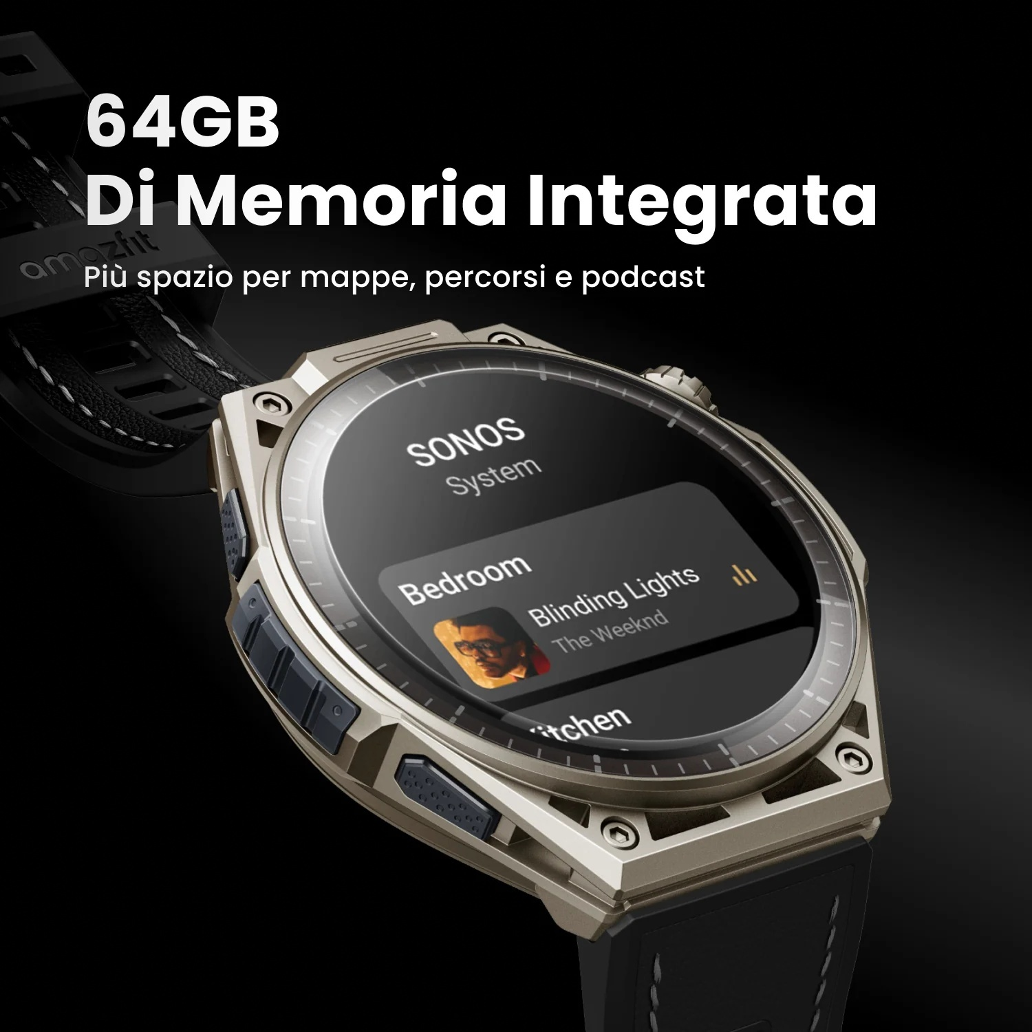 Uno smartwatch grigio mostra "SONOS System" e "Blinding Lights" di The Weeknd.