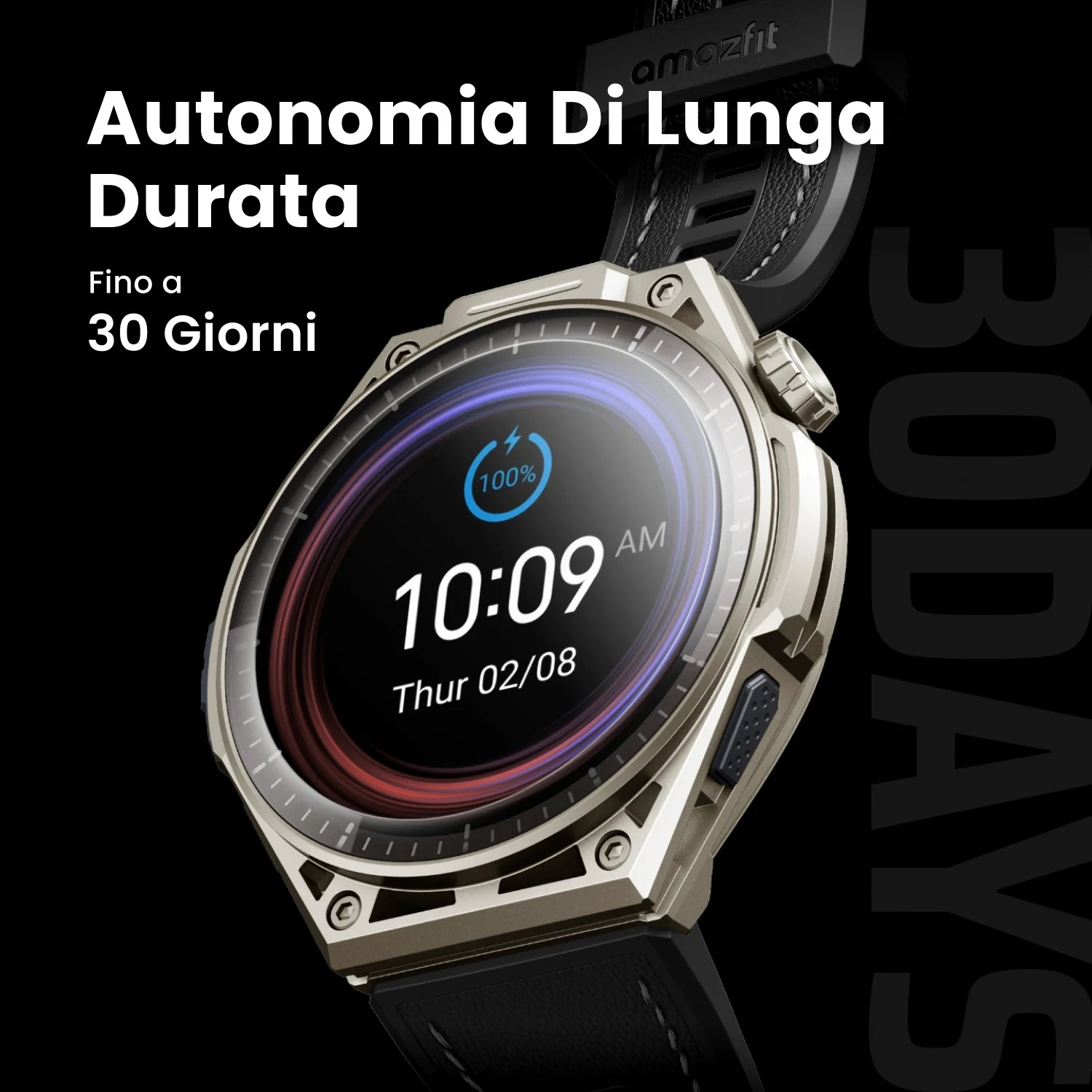 Orologio smart dorato con cinturino nero, mostra 10:09 e 100% batteria.