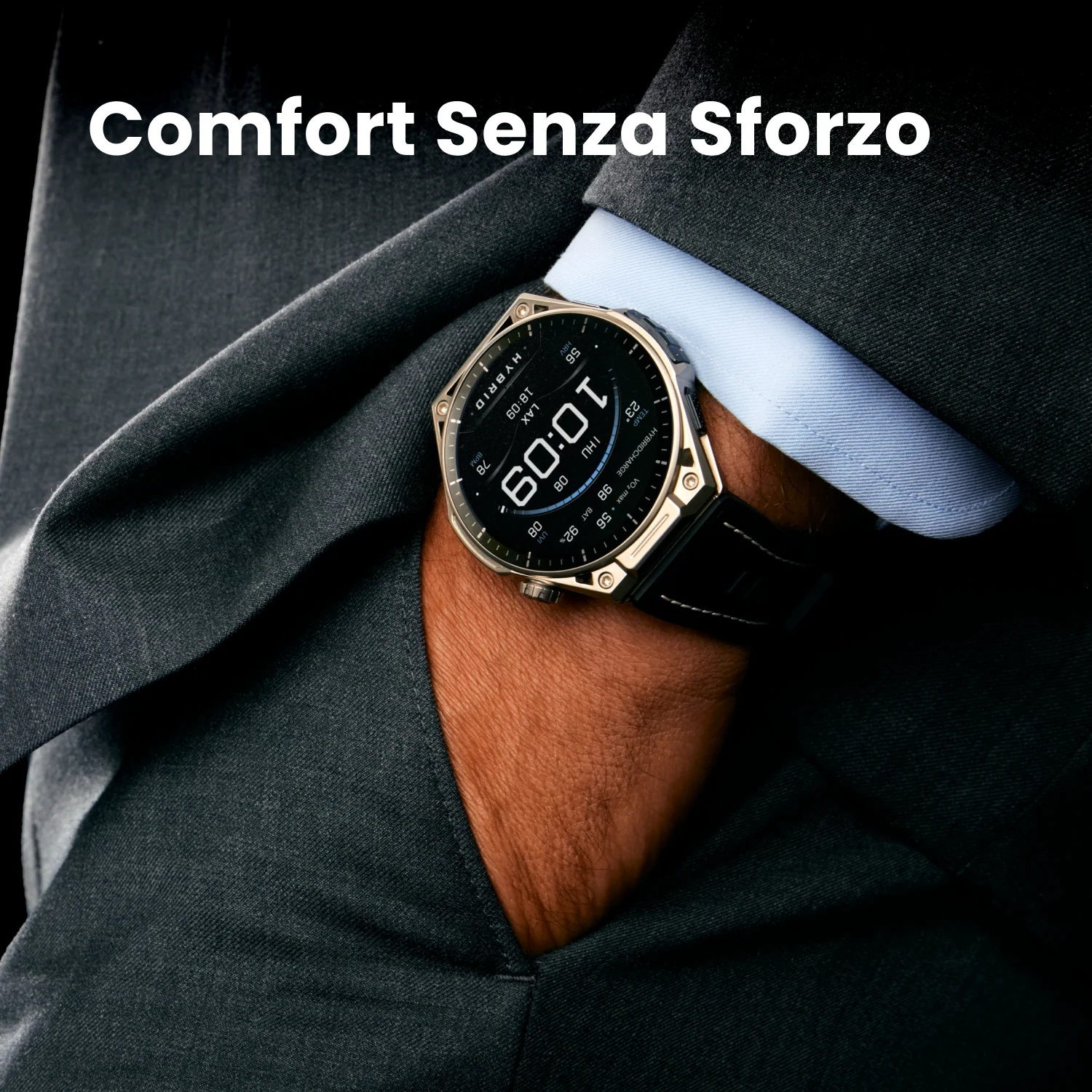 Un primo piano di un orologio indossato su un polso sopra un abito scuro.