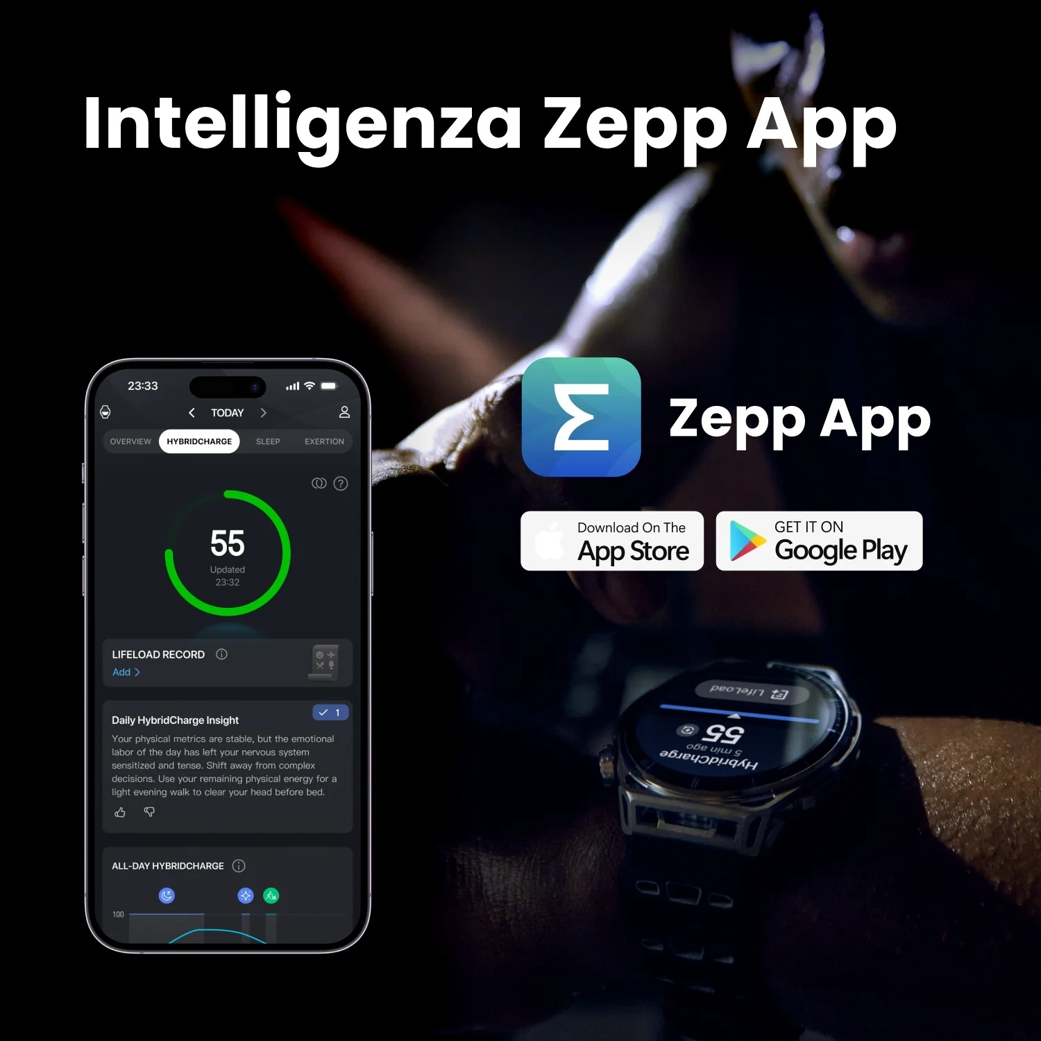 App Zepp su smartphone e smartwatch, con pulsanti di download.