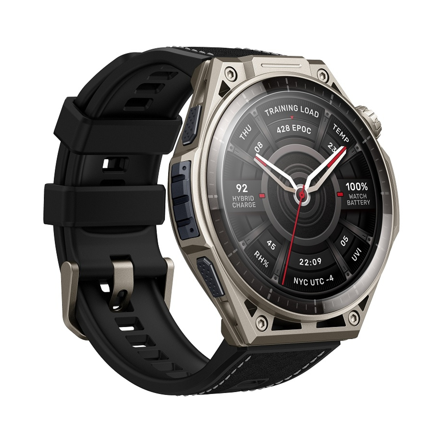 Uno smartwatch con cinturino nero e cassa color argento mostra 100% batteria, ora 22:09 e dati di allenamento.