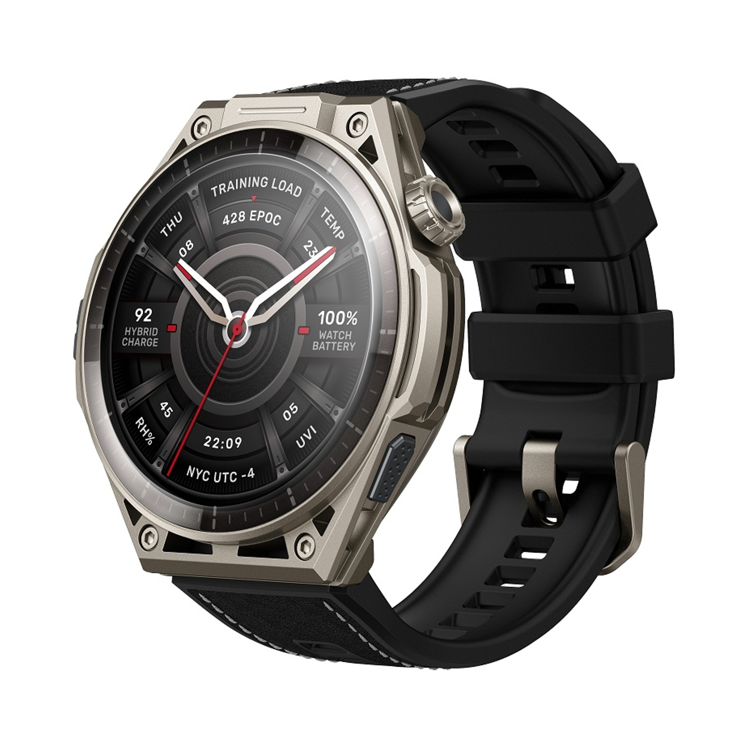 Smartwatch grigio con cinturino nero, mostra dati di allenamento e batteria al 100%.