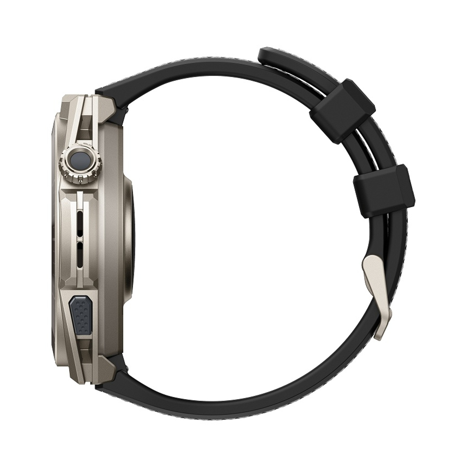 Smartwatch grigio con cinturino nero, vista di lato.