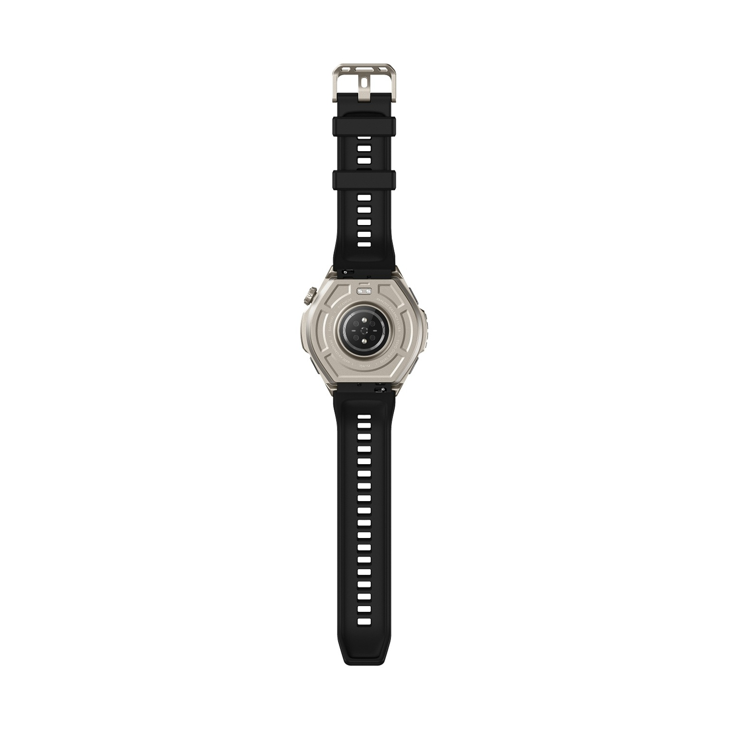Vista posteriore di uno smartwatch argentato con cinturino e fibbia neri.