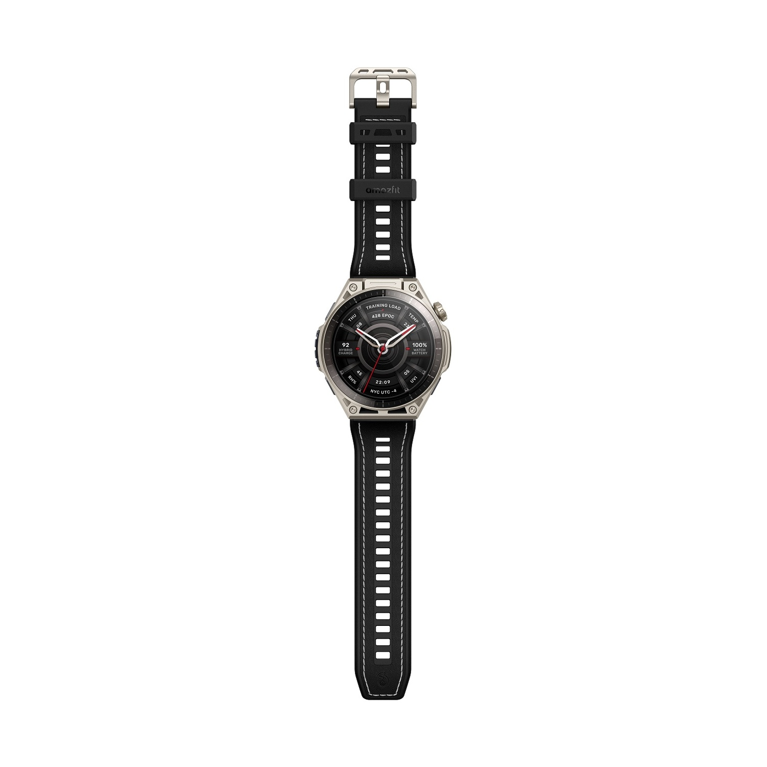 Smartwatch argentato con cinturino nero, il quadrante mostra ora e dati.