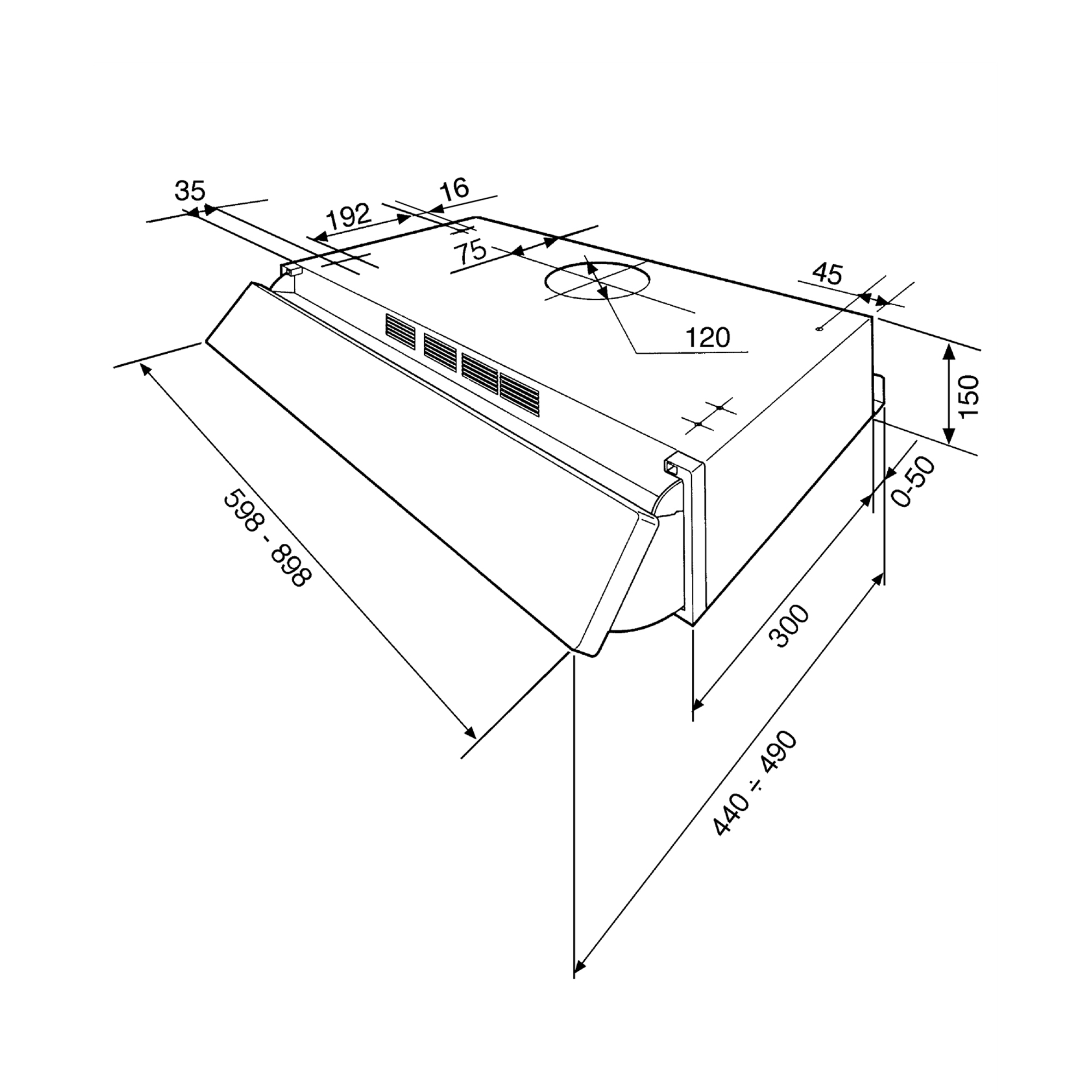 Disegno tecnico di una cappa da cucina con dimensioni.