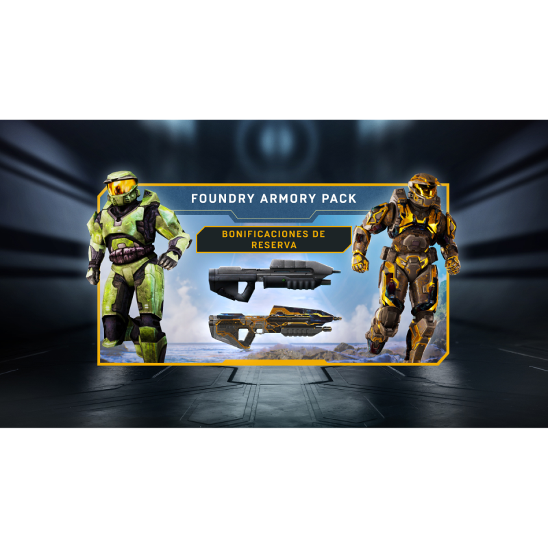 Dos armaduras y armas de Halo frente a una costa rocosa. Foundry Armory Pack.