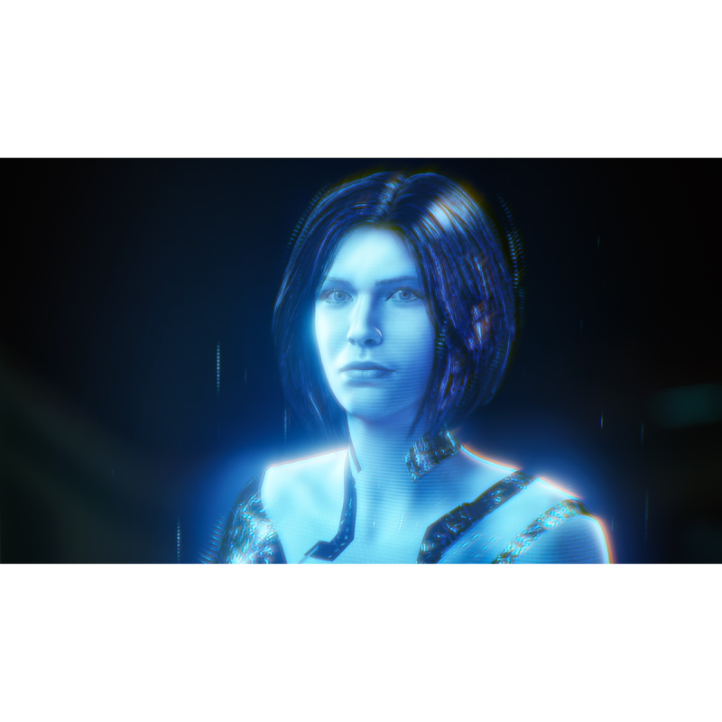 Una mujer holográfica azul con cabello oscuro y expresión seria.