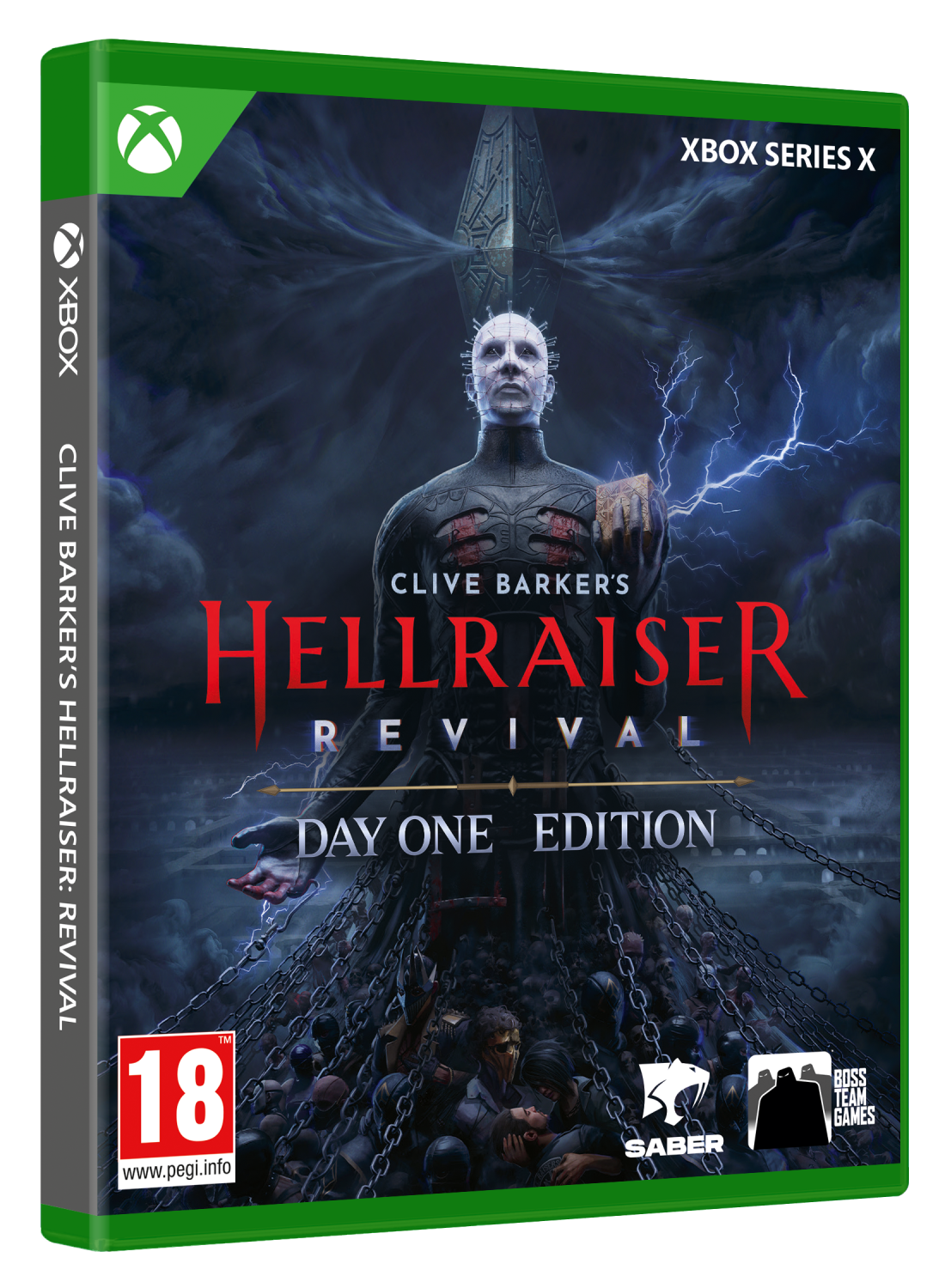 La portada del juego Hellraiser Revival muestra una figura con alfileres en la cabeza contra un cielo tormentoso.