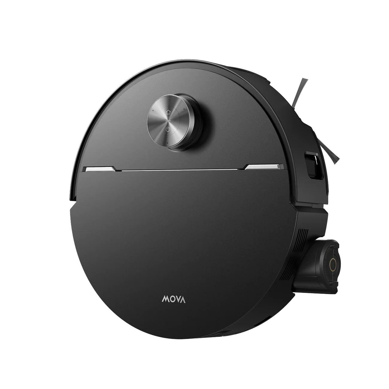 Un robot aspirador redondo negro con dial plateado y cepillos.