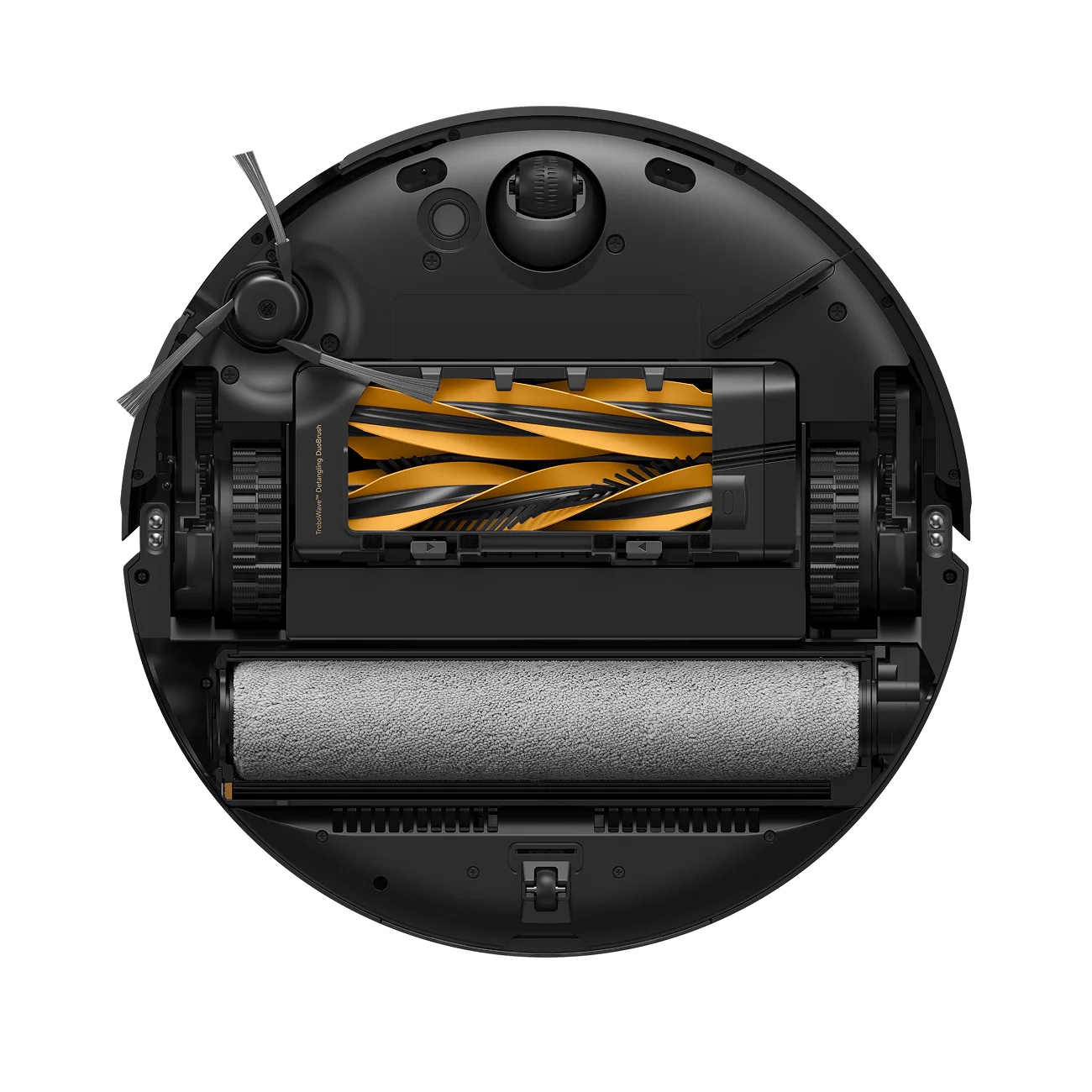 Vista inferior de un robot aspirador negro con cepillo naranja-negro y rodillo gris.