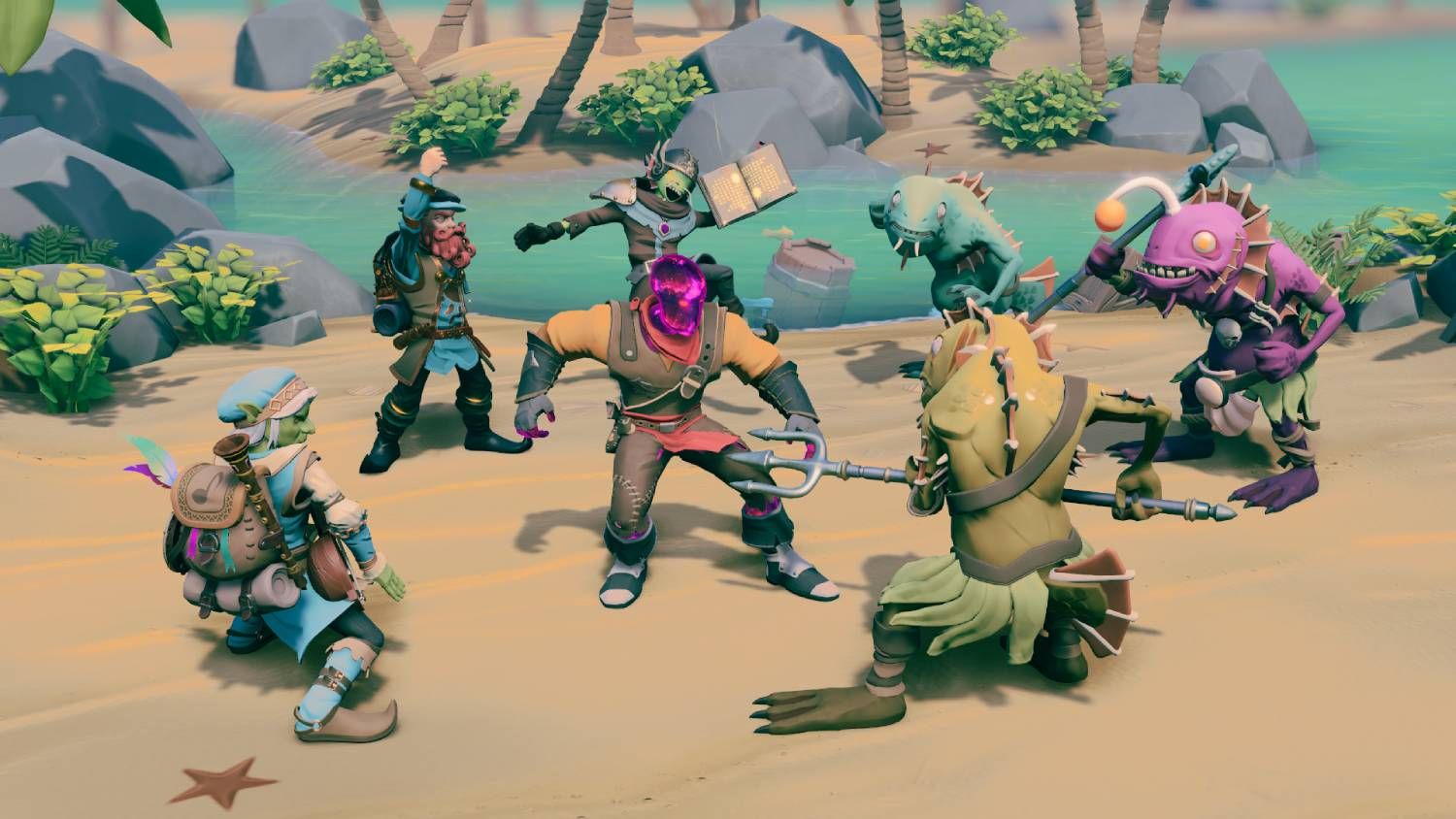 Personajes de fantasía con armas en una playa de arena cerca del agua. Uno sostiene un libro.