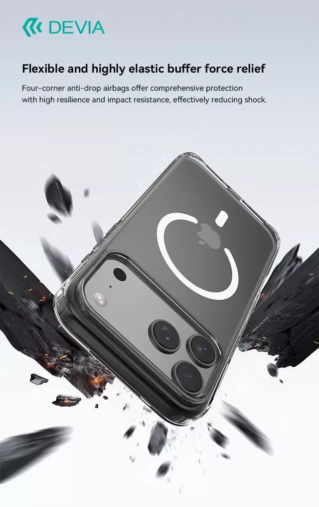Egy átlátszó telefontok MagSafe gyűrűvel leesik, faforgácsok veszik körül.