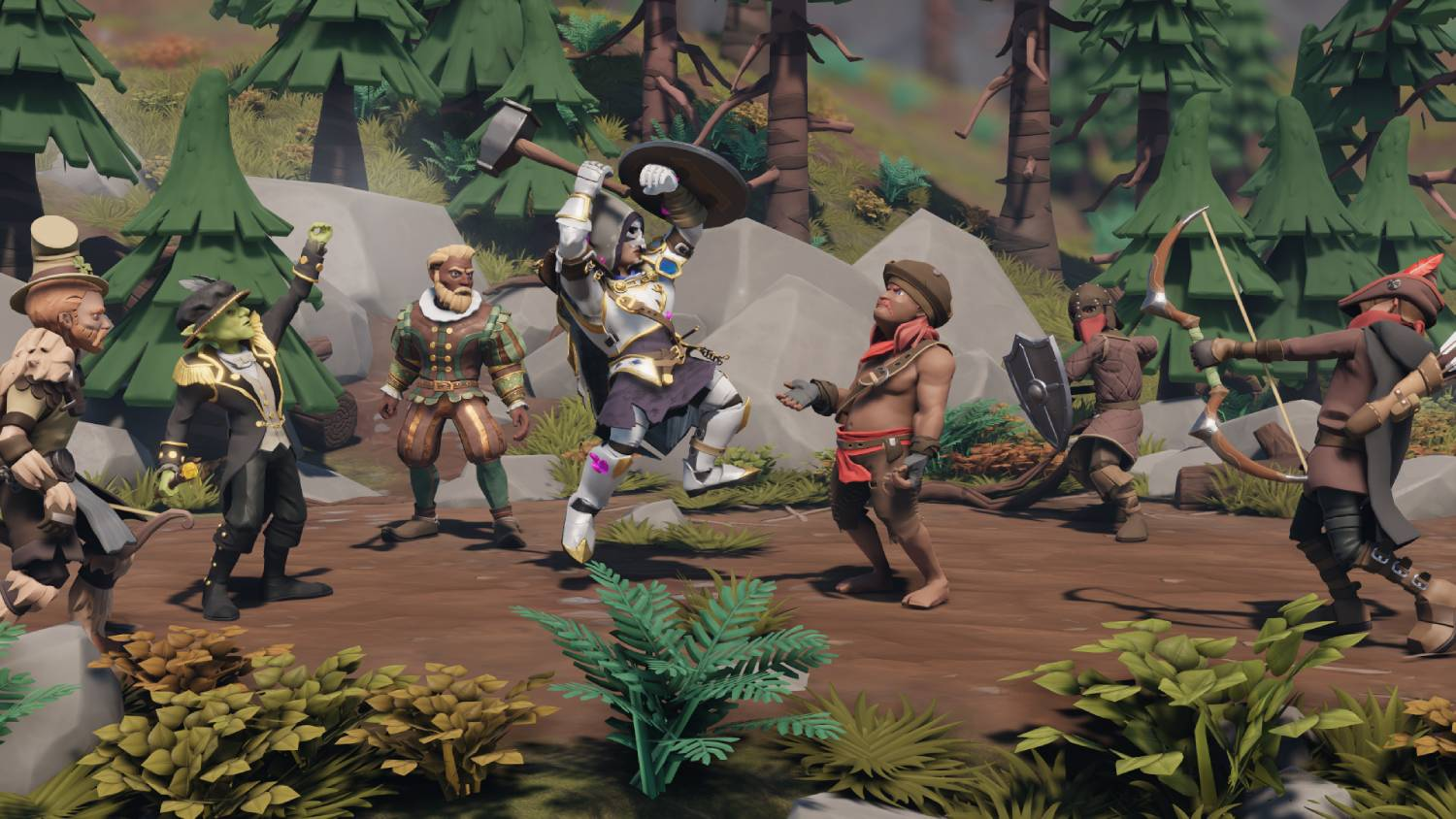 Un grupo de personajes de fantasía en un bosque, algunos luchando y otros conversando.