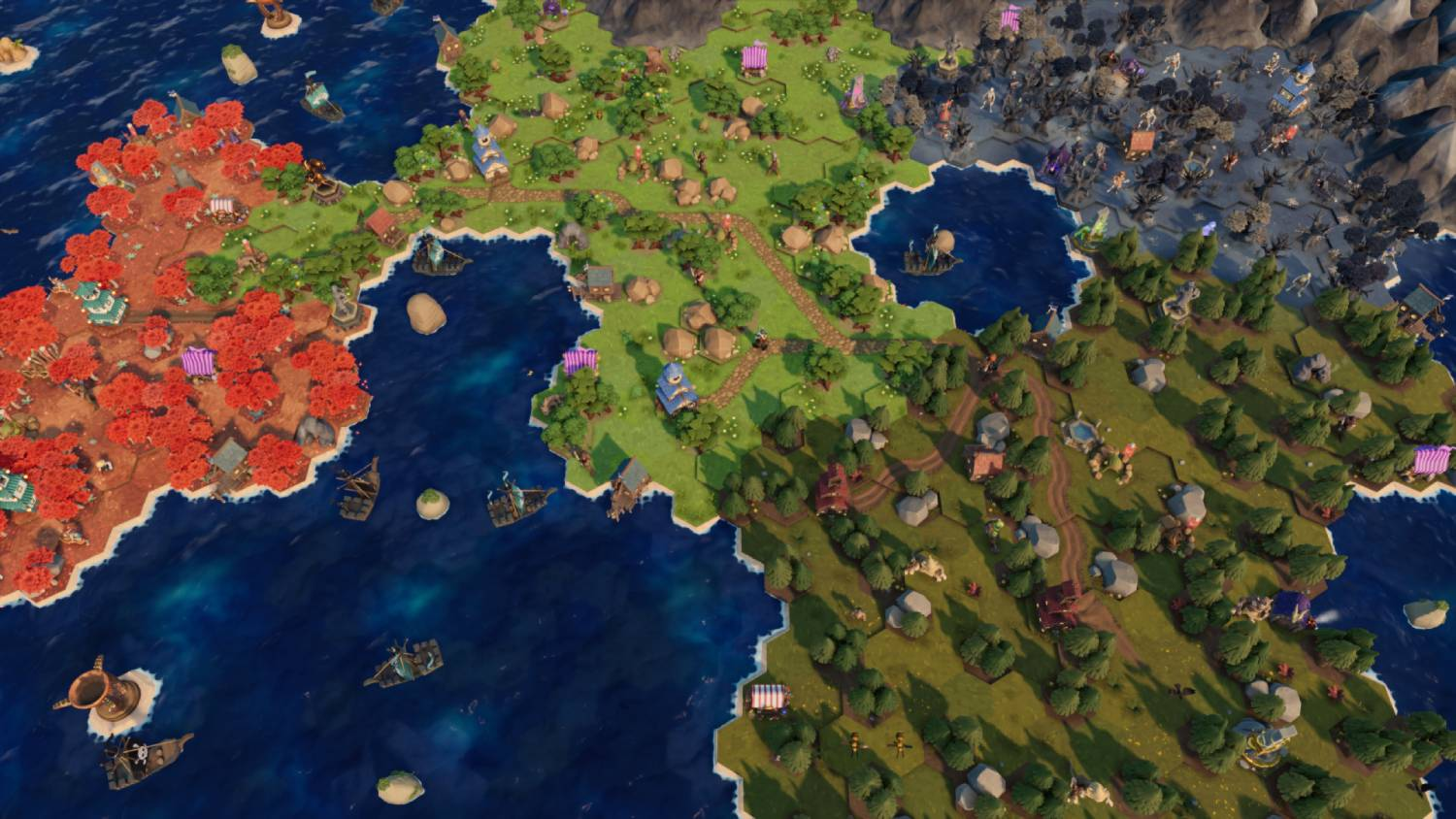 Un mapa estratégico con terrenos variados, asentamientos y barcos en el agua.