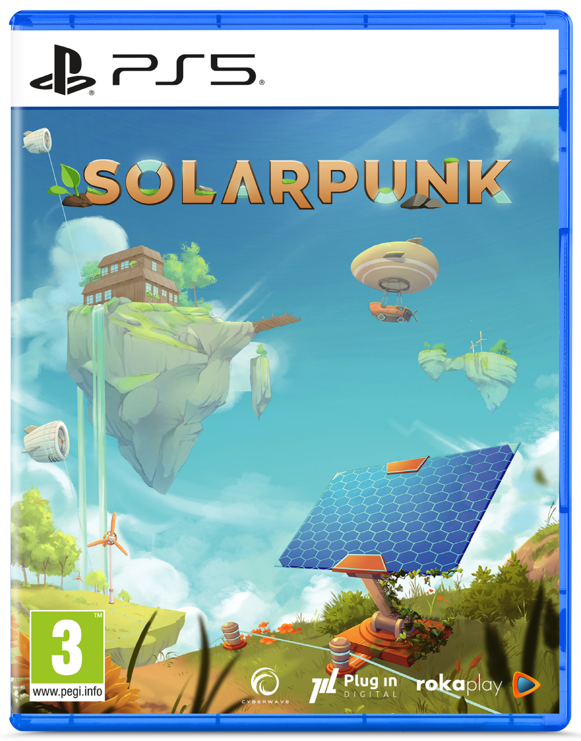 Portada del juego con islas flotantes, panel solar y dirigible estilo solarpunk.