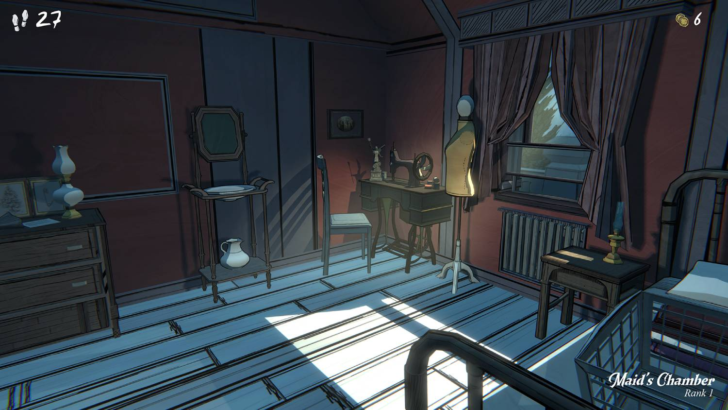 Una habitación tenuemente iluminada con máquina de coser, maniquí, espejo y ventana.