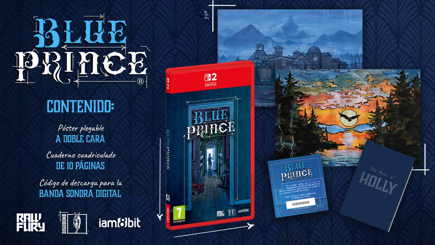 Empaque del juego con contenido: juego, póster, cuaderno y código de descarga.