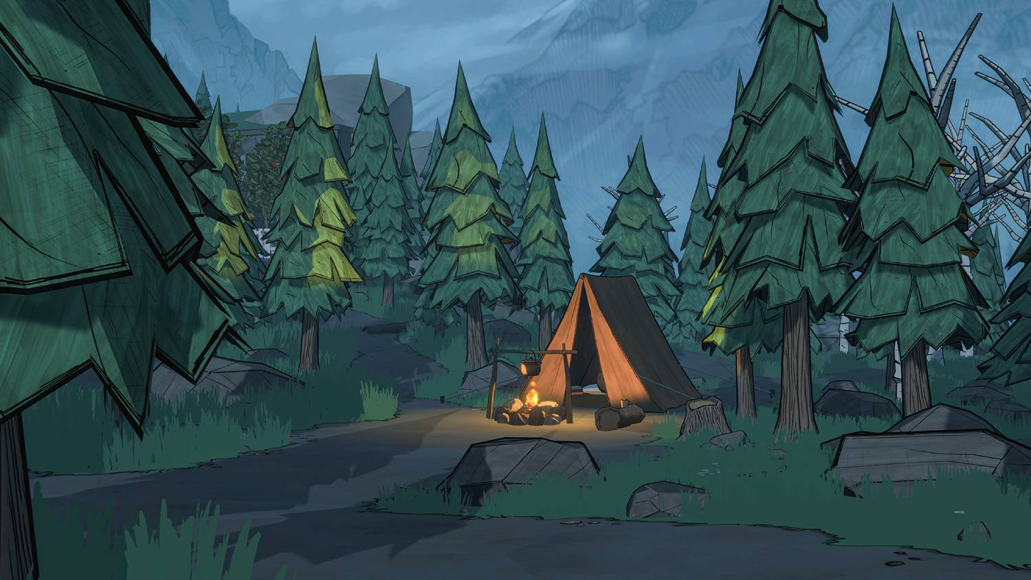 Una tienda con fogata en un bosque por la noche. Montañas al fondo.