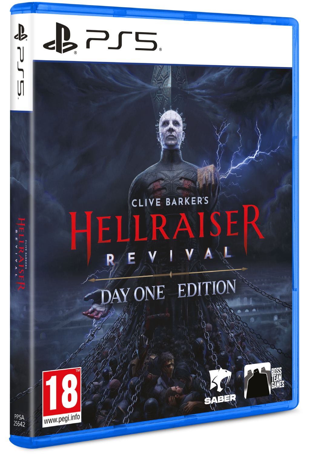 Portada del juego PS5: Pinhead sobre una multitud, rodeado de cadenas y rayos.