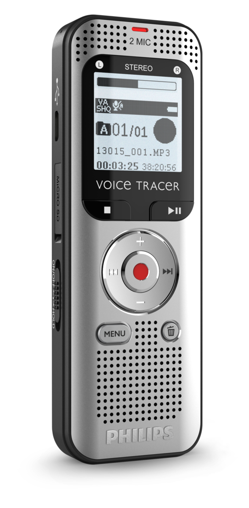 Srebrny rejestrator Philips Voice Tracer z ekranem, mikrofonem i przyciskami.