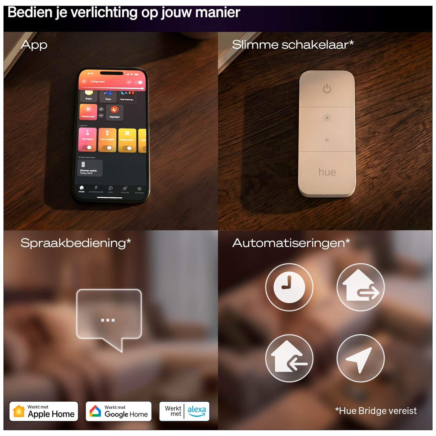 Un smartphone avec l'application Hue, un variateur Hue, commande vocale et icônes d'automatisation.