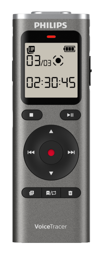 Szary rejestrator Philips VoiceTracer z wyświetlaczem, przyciskami nawigacyjnymi i przyciskiem nagrywania.