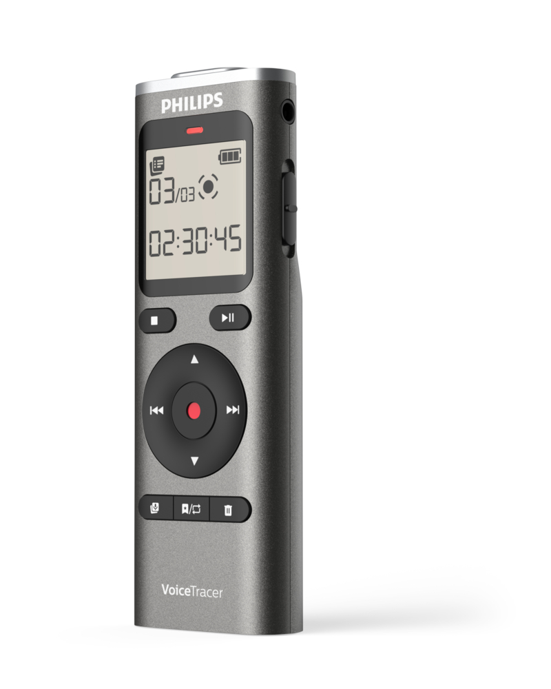Szary Philips VoiceTracer z wyświetlaczem i przyciskami sterującymi, na białym tle.