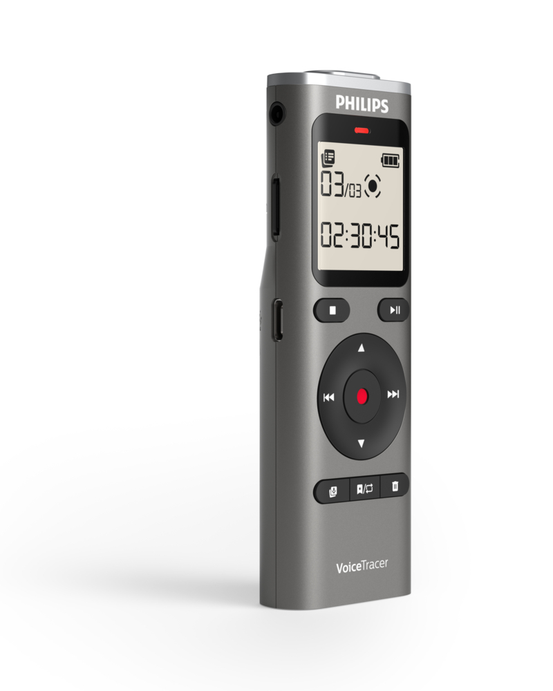 Szary dyktafon Philips VoiceTracer z ekranem i przyciskami.