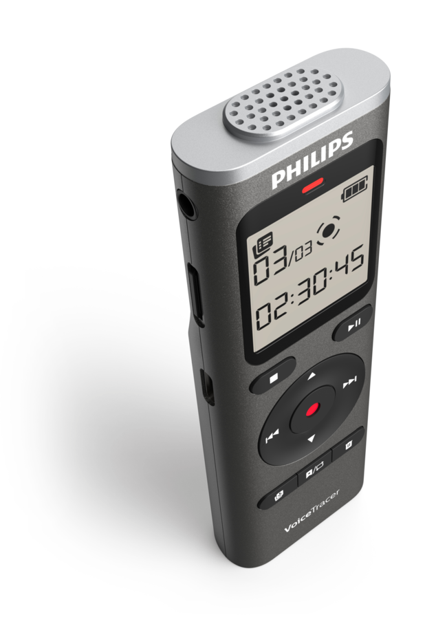 Ciemny Philips VoiceTracer z ekranem i przyciskami sterującymi.