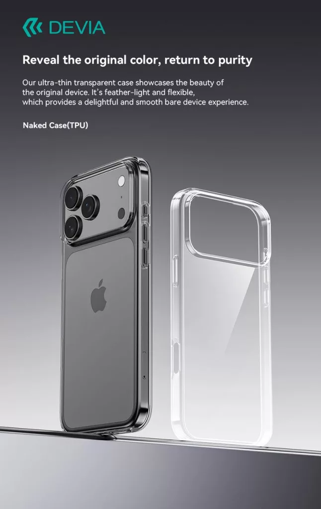 Egy átlátszó iPhone tok és egy tokban lévő iPhone egymás mellett.