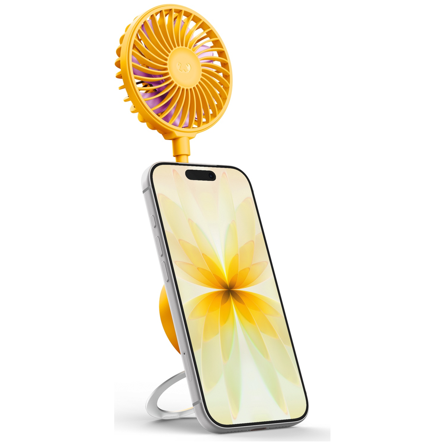 Een gele miniventilator bovenop een smartphone op een standaard. Witte achtergrond.