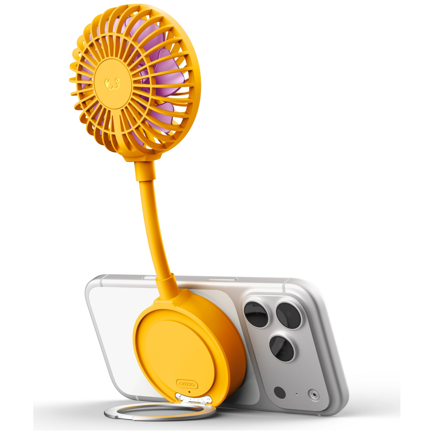 Een gele mini-ventilator met paarse bladen bevestigd aan een smartphone.