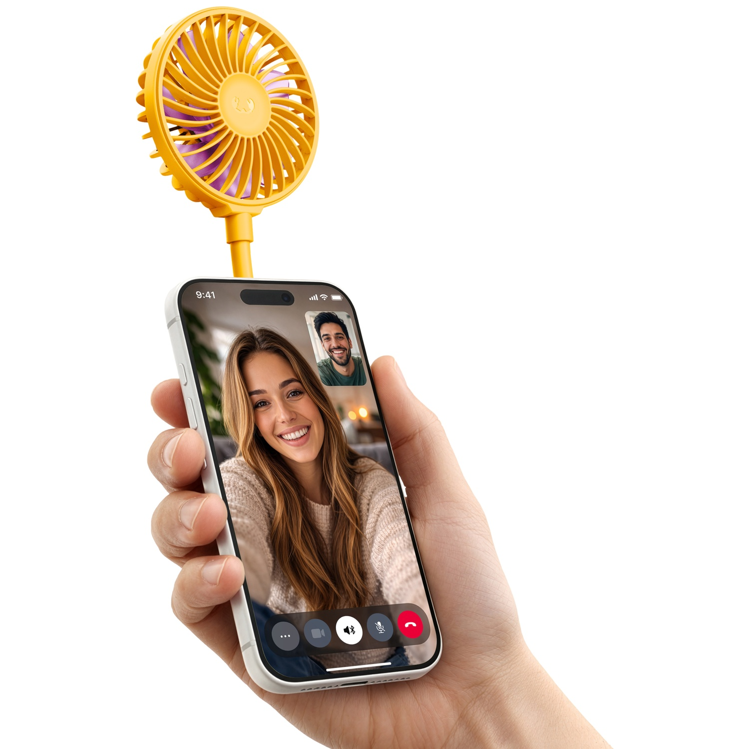Gele mini-ventilator bevestigd aan een iPhone met videogesprek.