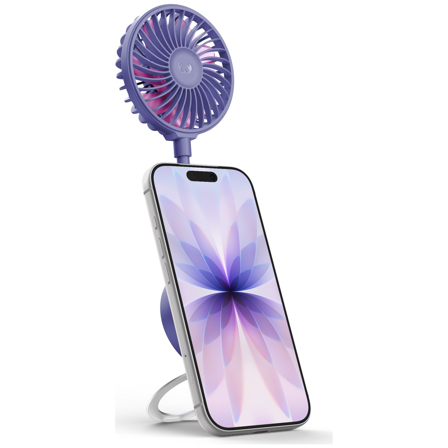 Paarse mini-ventilator op een smartphone-standaard met bloemige achtergrond.