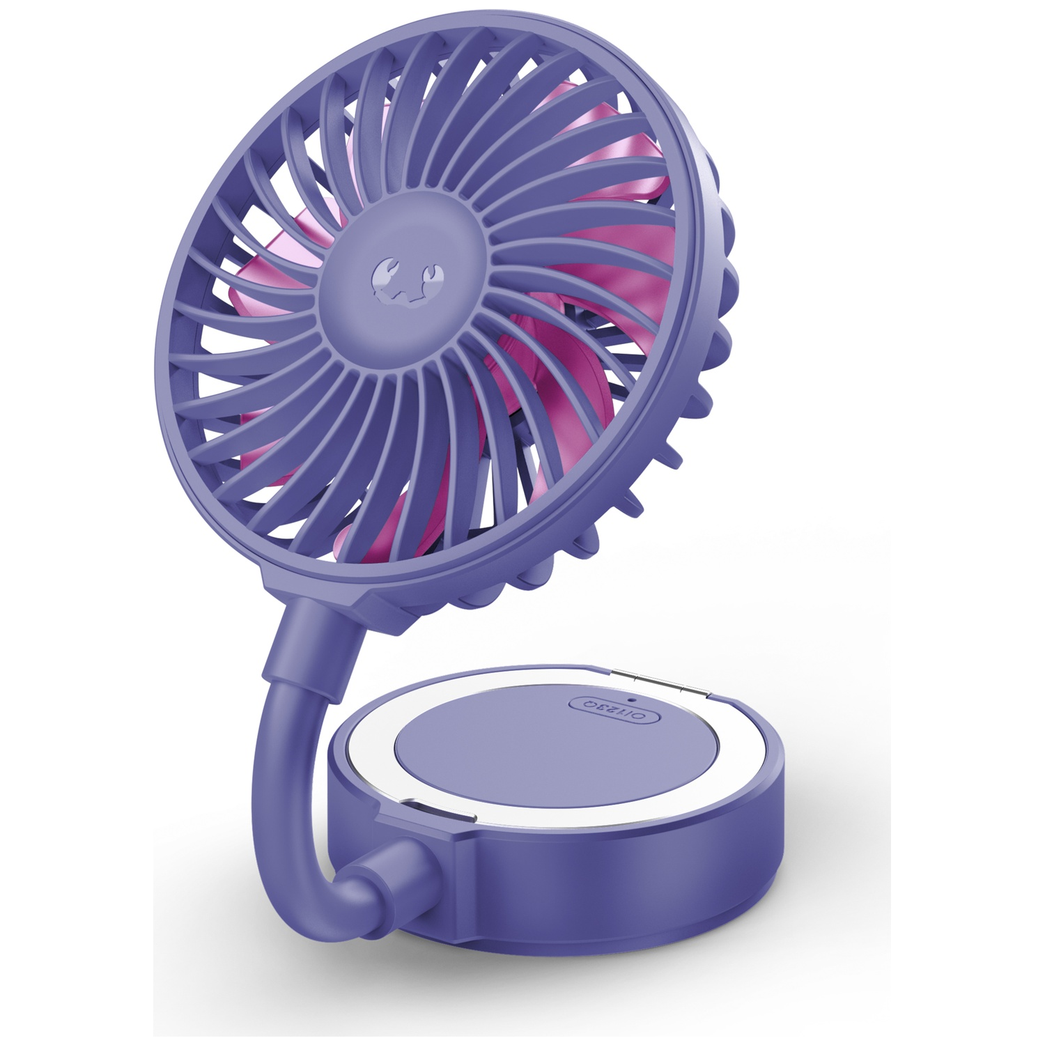 Een paarse ventilator met roze bladen en een schattig gezicht op het rooster.